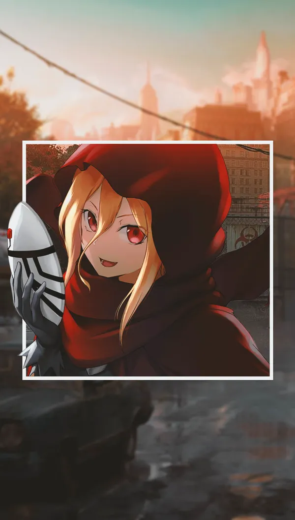 Girl in red cloak holding white mask in post-apocalyptic city