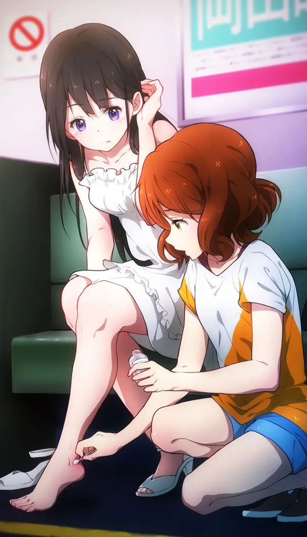 Girl in white dress having her foot bandaged by a girl in orange