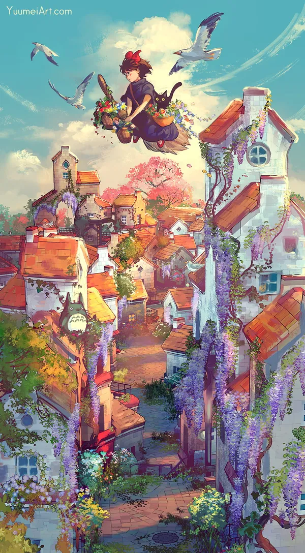Girl is flying on a broomstick over a town with a black cat
