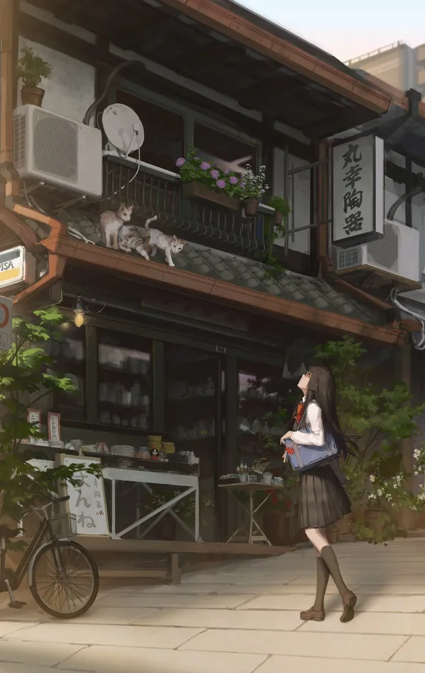 Girl is looking at two cats on a roof in a traditional Japanese shopping street