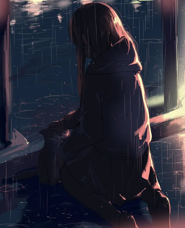 Girl is petting a cat in the rain