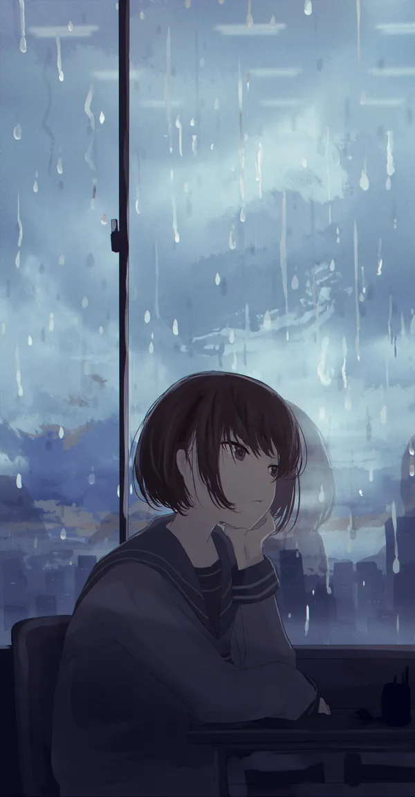 Girl is sitting by the window, looking at the rain