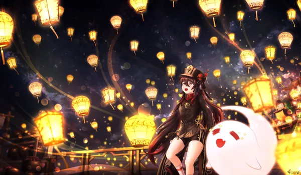 Girl is sitting on a railing in a town at night with a lot of