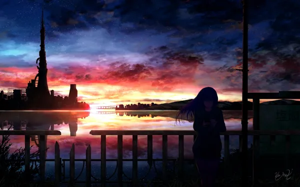 Girl is standing on a bridge, looking at the sunset over a futuristic city