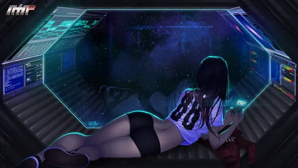 Girl looking at stars in spaceship window