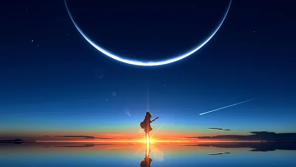 Girl playing guitar at sunset with a crescent moon above her
