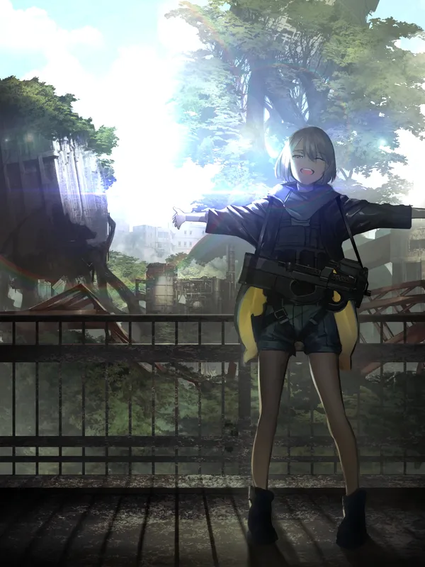 Girl standing on a bridge in a ruined city