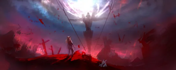 Girl standing on a red cliff looking at a giant robot