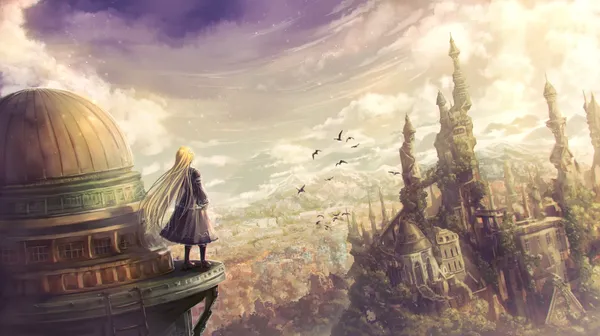 Girl standing on a tower overlooking a fantasy city