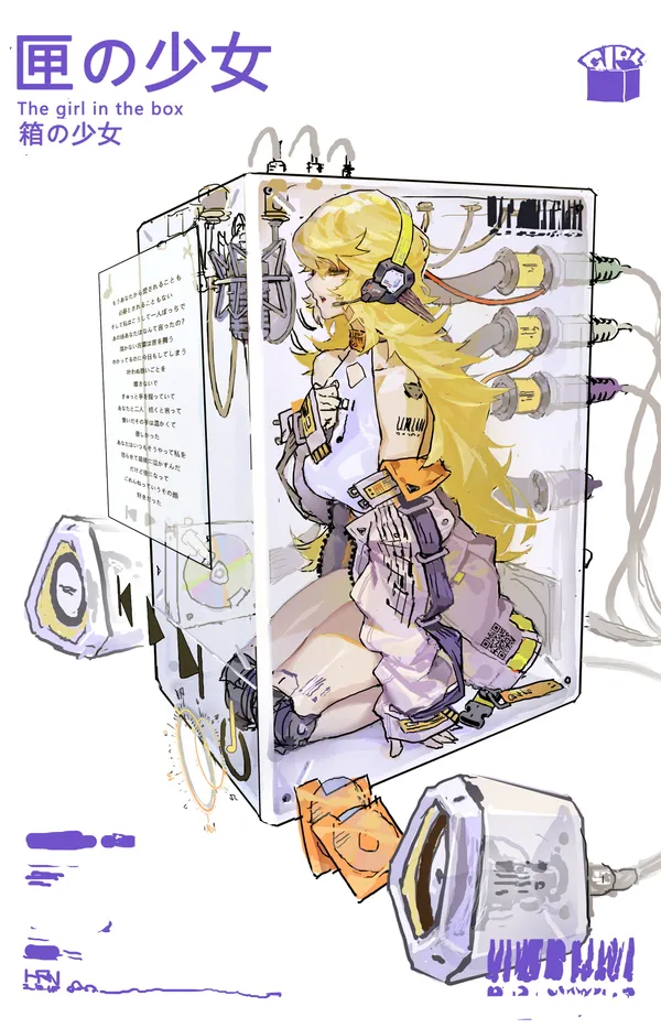 Girl trapped in a glass box with speakers