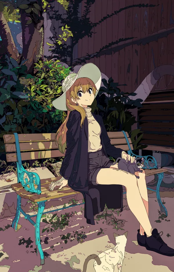 Girl wearing a hat is petting a cat on a park bench
