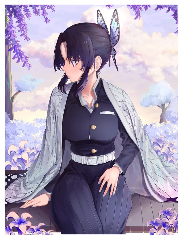 Girl with a butterfly in her hair is sitting on a bench in a field