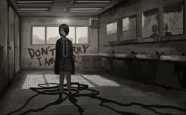 Girl with a halo stands in a bathroom with graffiti on the walls