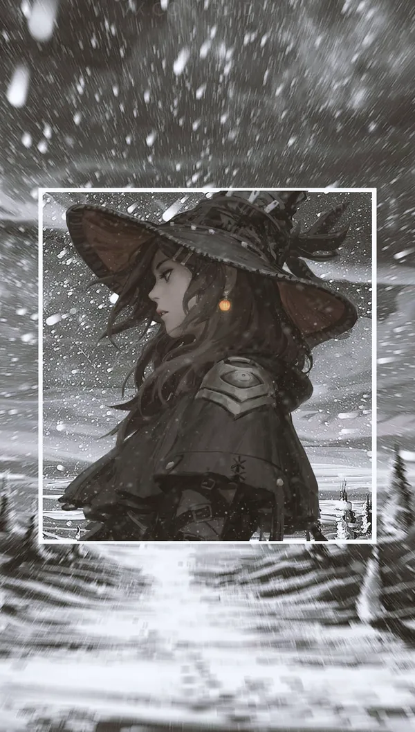Girl with a pointy hat is walking through a snowy forest