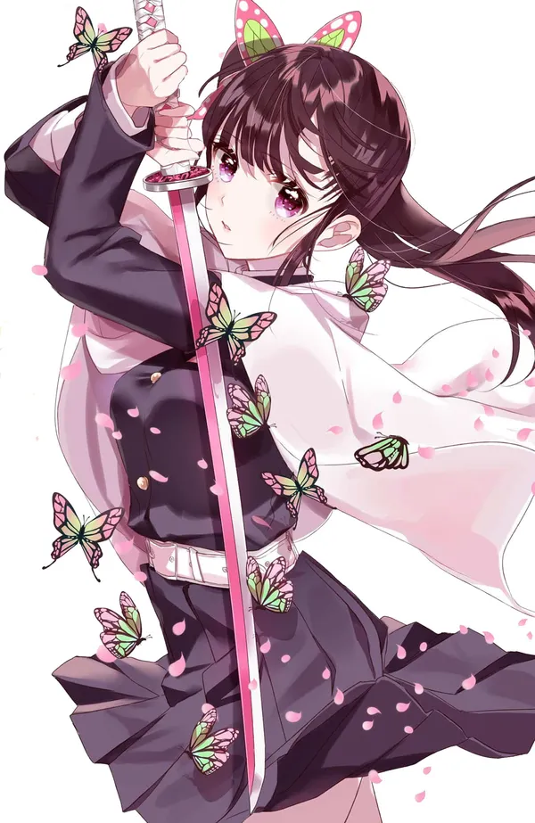 Girl with a sword surrounded by butterflies