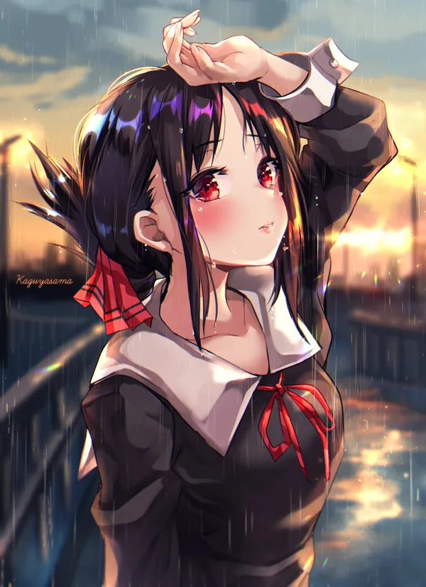 Girl with black hair and red eyes in the rain