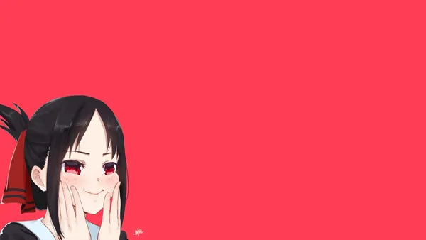Girl with black hair and red eyes is smiling while blushing
