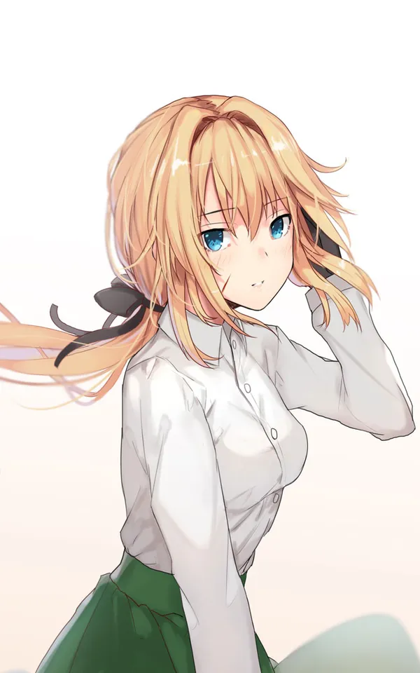 Girl with blond hair and blue eyes is wearing a white shirt and green skirt