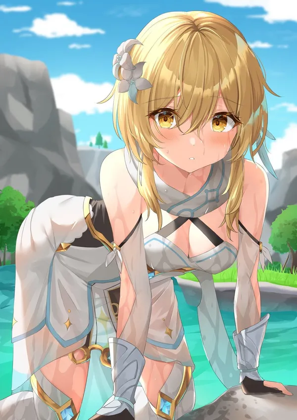 Girl with blonde hair and yellow eyes is kneeling in a river