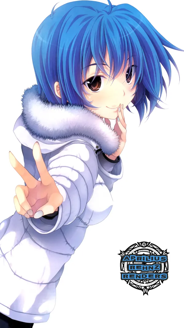 Girl with blue hair and brown eyes in a white coat