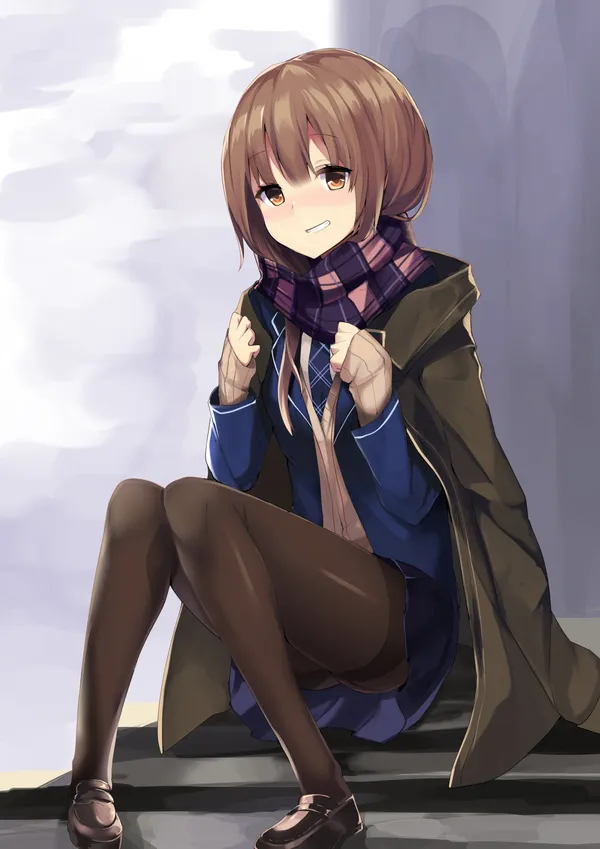 Girl with brown hair and brown eyes is sitting on a ledge wearing a blue