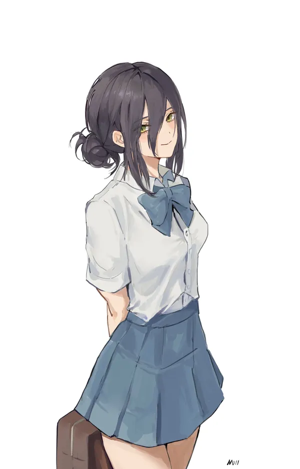 Girl with brown hair and green eyes is wearing a school uniform