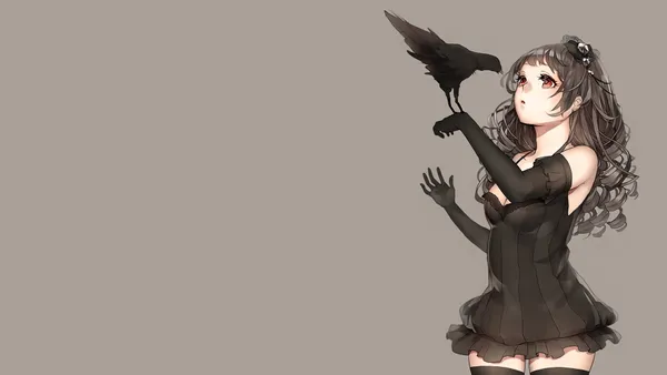 Girl with brown hair and red eyes holding a crow