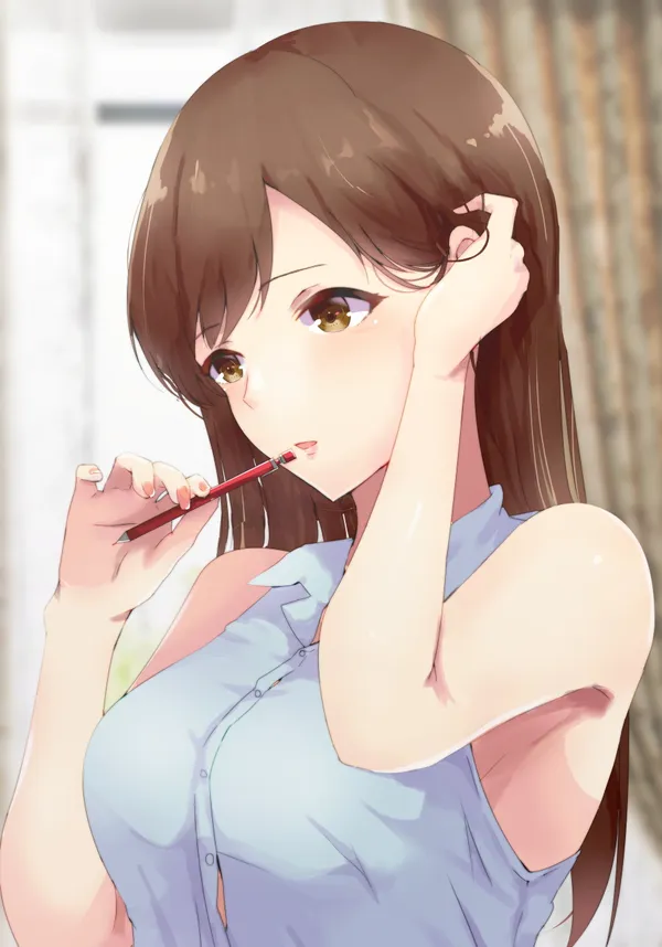 Girl with brown hair wearing a blue shirt is holding a pencil and biting her