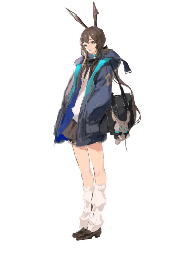 Girl with bunny ears and brown hair is standing.
She is wearing a blue jacket and