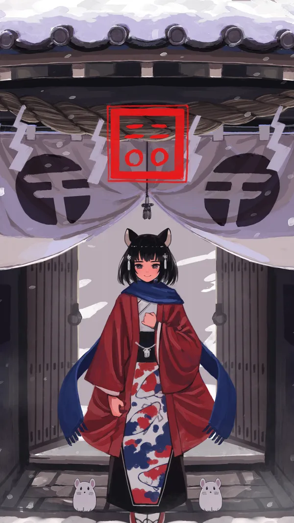 Girl with cat ears standing in front of a temple gate