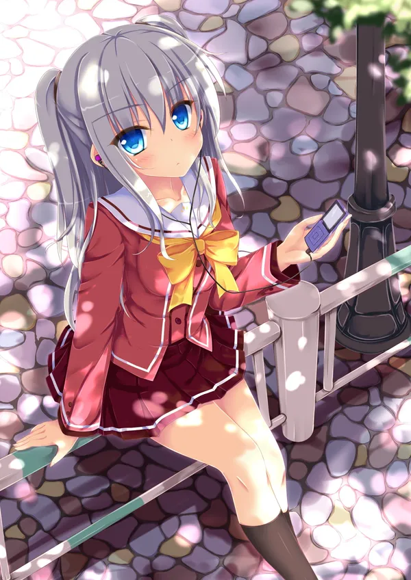 Girl with grey hair and blue eyes is listening to music on her mp3 player