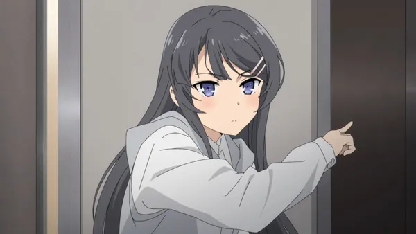 Girl with long black hair and purple eyes is standing in front of a door