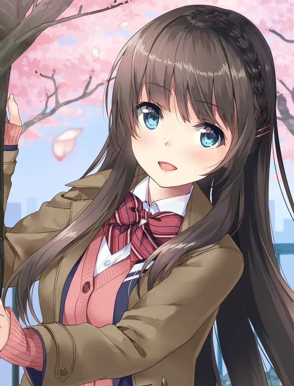 Girl with long brown hair and blue eyes is standing under a cherry blossom tree