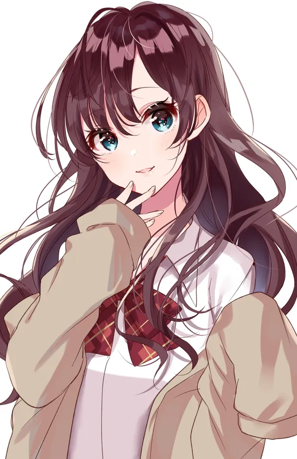 Girl with long brown hair and blue eyes wearing a school uniform