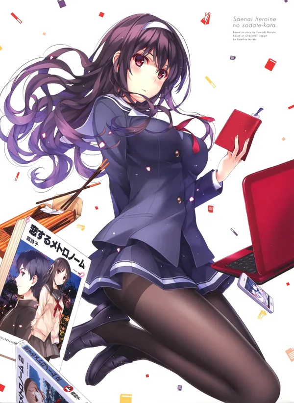 Girl with long purple hair in a school uniform holding a laptop and a book