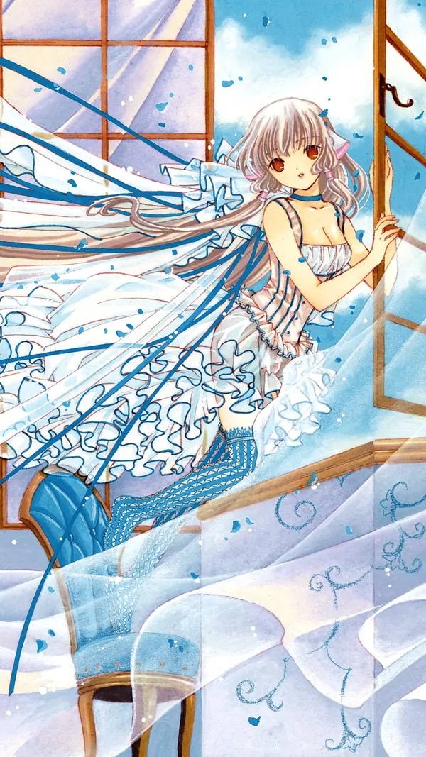 Girl with long white hair and blue eyes is standing in front of a window