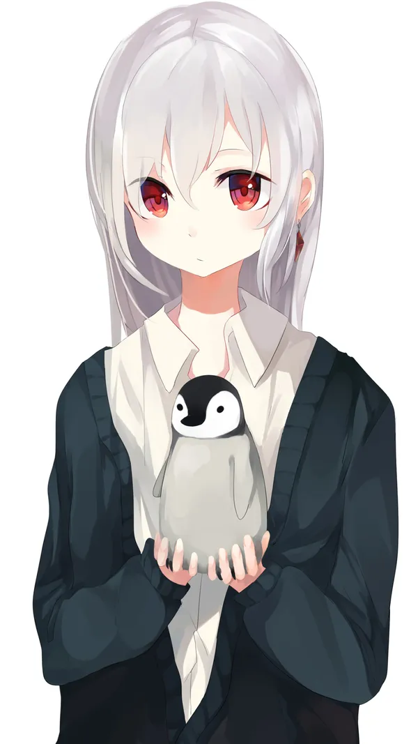 Girl with long white hair and red eyes is holding a penguin plush toy