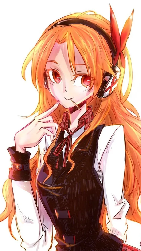 Girl with orange hair and red eyes wearing headphones and holding a lollipop