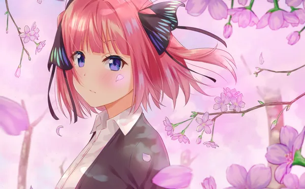 Girl with pink hair and blue eyes is standing in a field of cherry blossoms