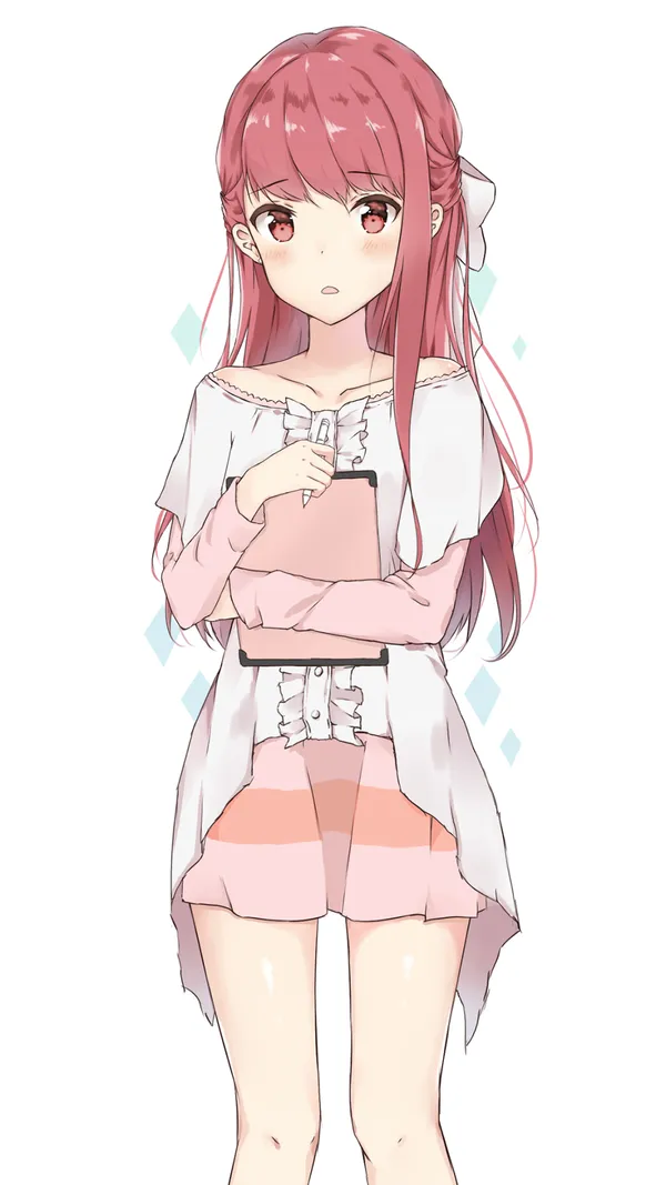 Girl with pink hair and red eyes is holding a clipboard