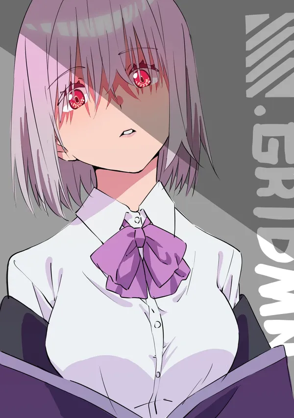 Girl with pink hair and red eyes is looking at the camera