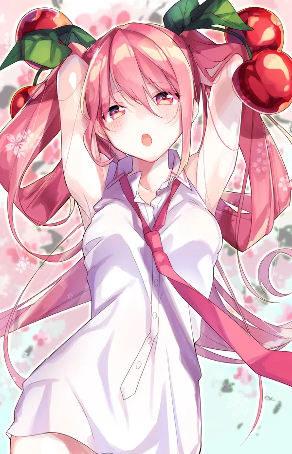 Girl with pink hair and red eyes wearing a white shirt and pink tie
