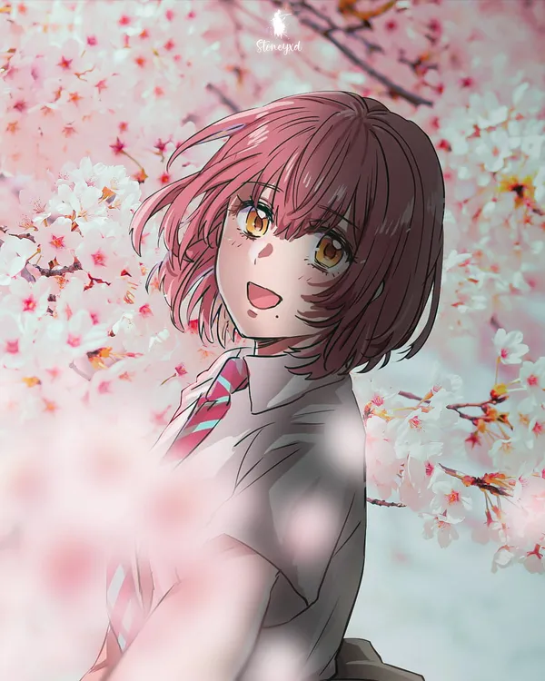 Girl with pink hair is standing in a field of cherry blossoms