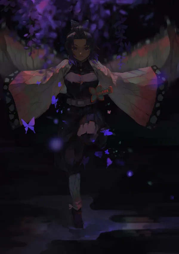 Girl with purple hair and a butterfly-like appearance is standing in a dark forest