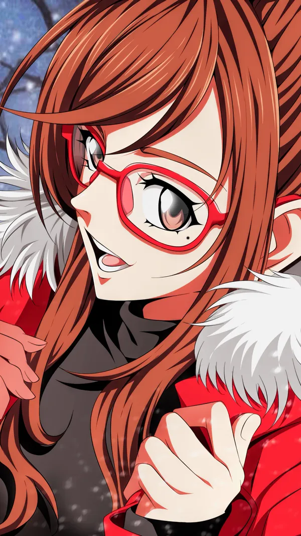 Girl with red framed glasses smiling