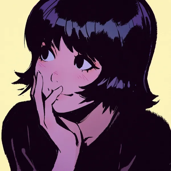 Girl with short black hair is resting her chin on her hand and smiling