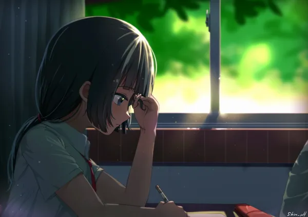 Girl with short black hair is sitting at a desk writing something while looking out