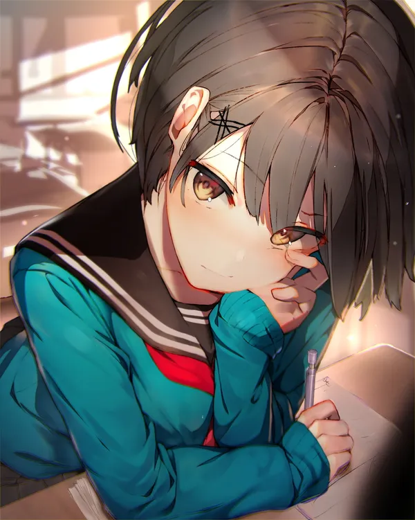 Girl with short brown hair and brown eyes is writing something while sitting at a
