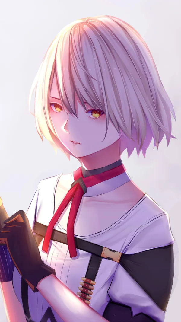 Girl with short white hair and red eyes looks to the right
