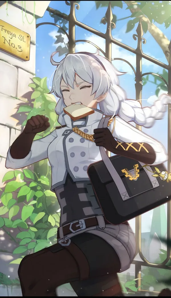 Girl with white hair and blue eyes is running while eating bread